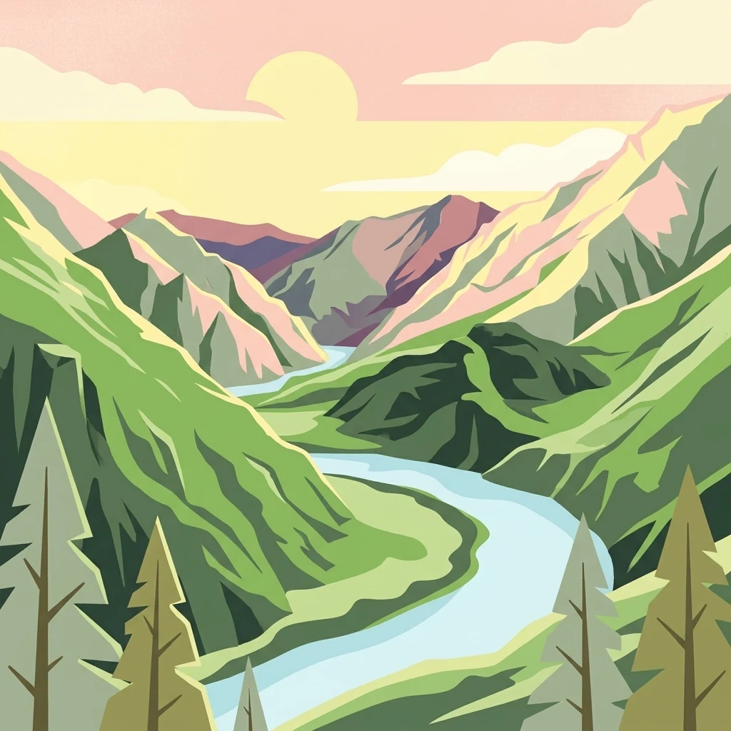 A graphic illustration depicting a deep river canyon at sunset, with a winding river in the center surrounded by steep green hills, tall mountains in the distance, and coniferous trees in the foreground.