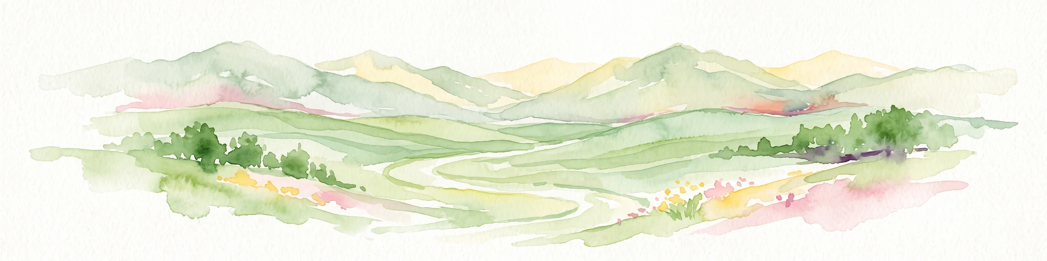A watercolor painting of a wide, rolling landscape with green hills, a winding path or river, and soft mountains in the background against a white background.