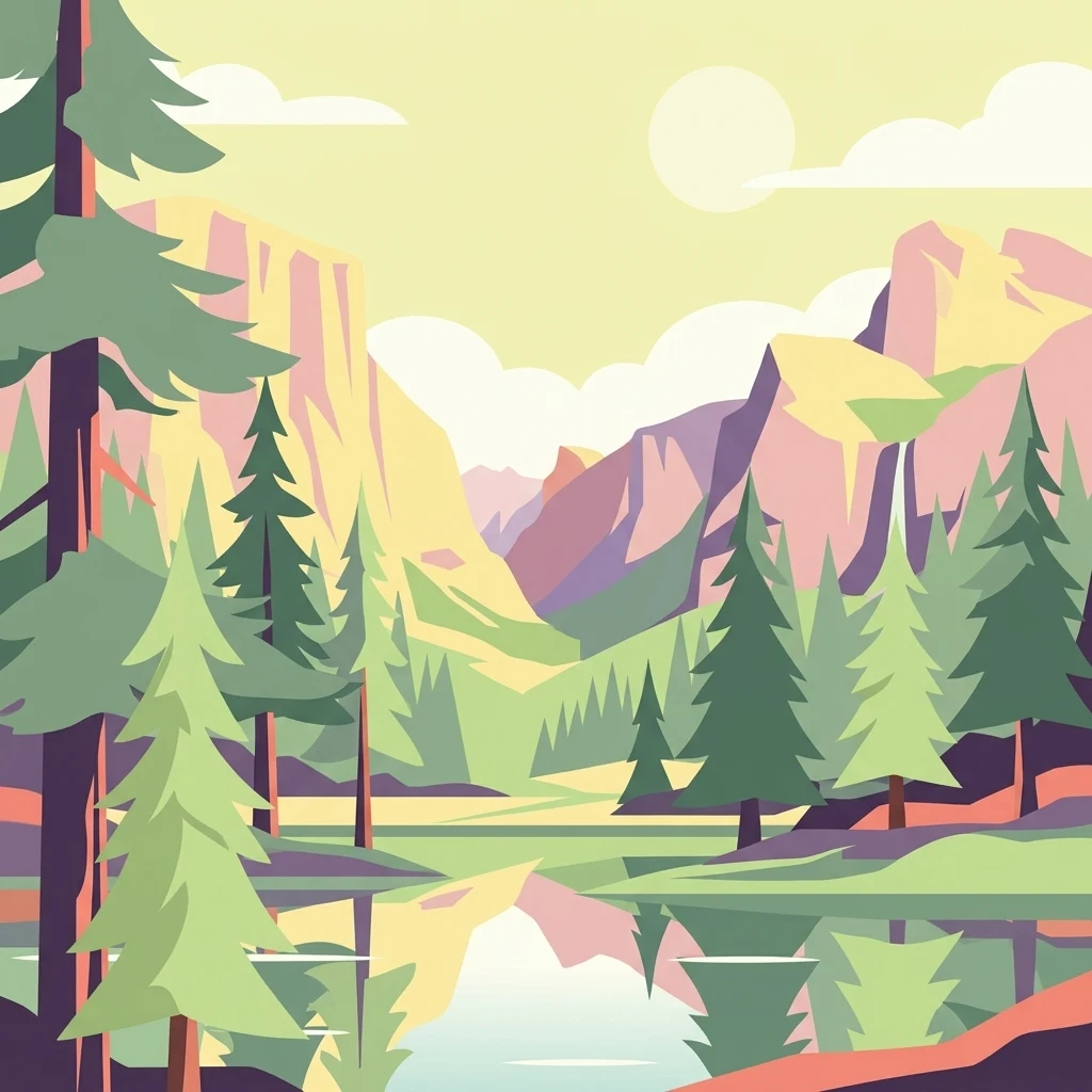 Una ilustración vectorial de estilo plano de un valle de montaña con árboles de hoja perenne en primer plano, picos escarpados al fondo y un lago tranquilo que refleja la escena.