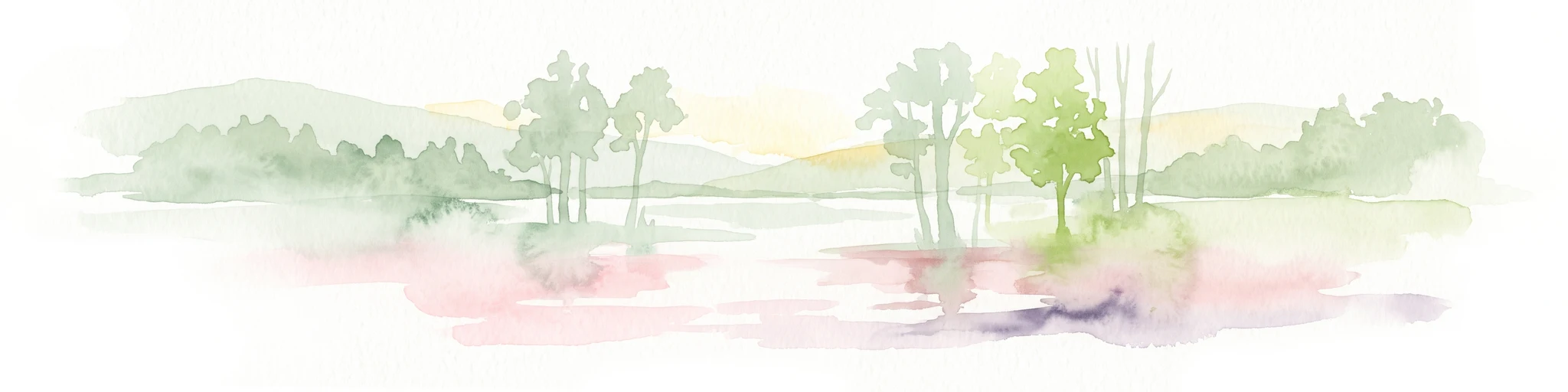 Watercolor painting of a soft-focus landscape featuring gentle green hills, sparse trees, and a calm, watery foreground.