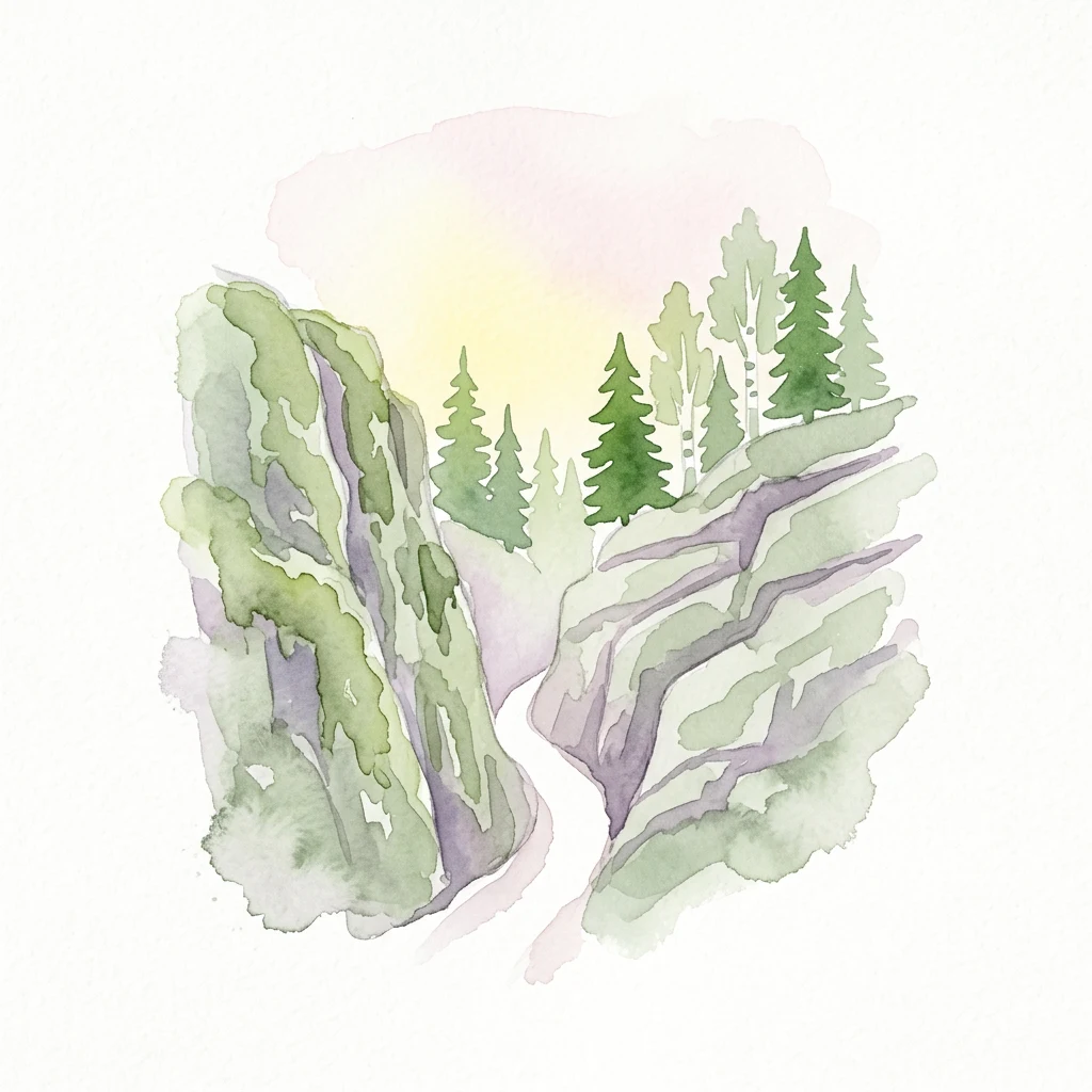 A watercolor illustration showing a deep gorge with rocky cliffs and evergreen trees under a soft sky