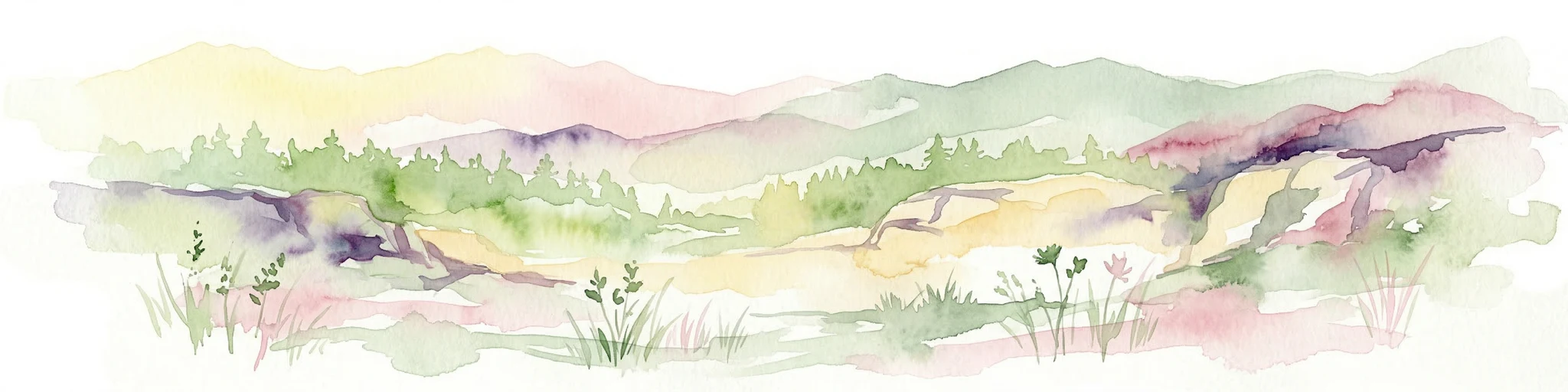 Pintura de acuarela que representa un paisaje con colinas, bosques y un río utilizando colores apagados