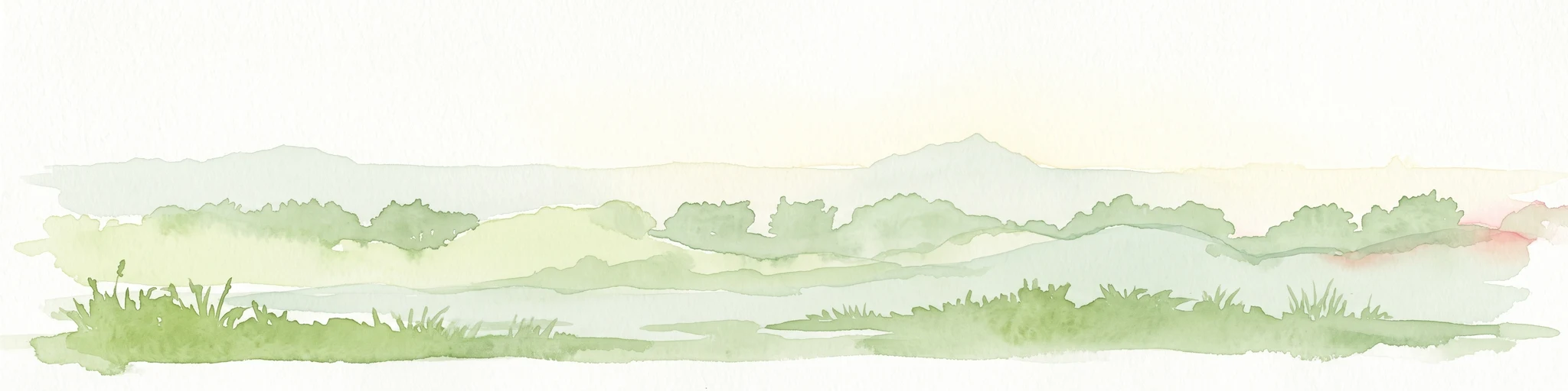 A watercolor illustration of a soft green hilly landscape with distant peaks against a white background.