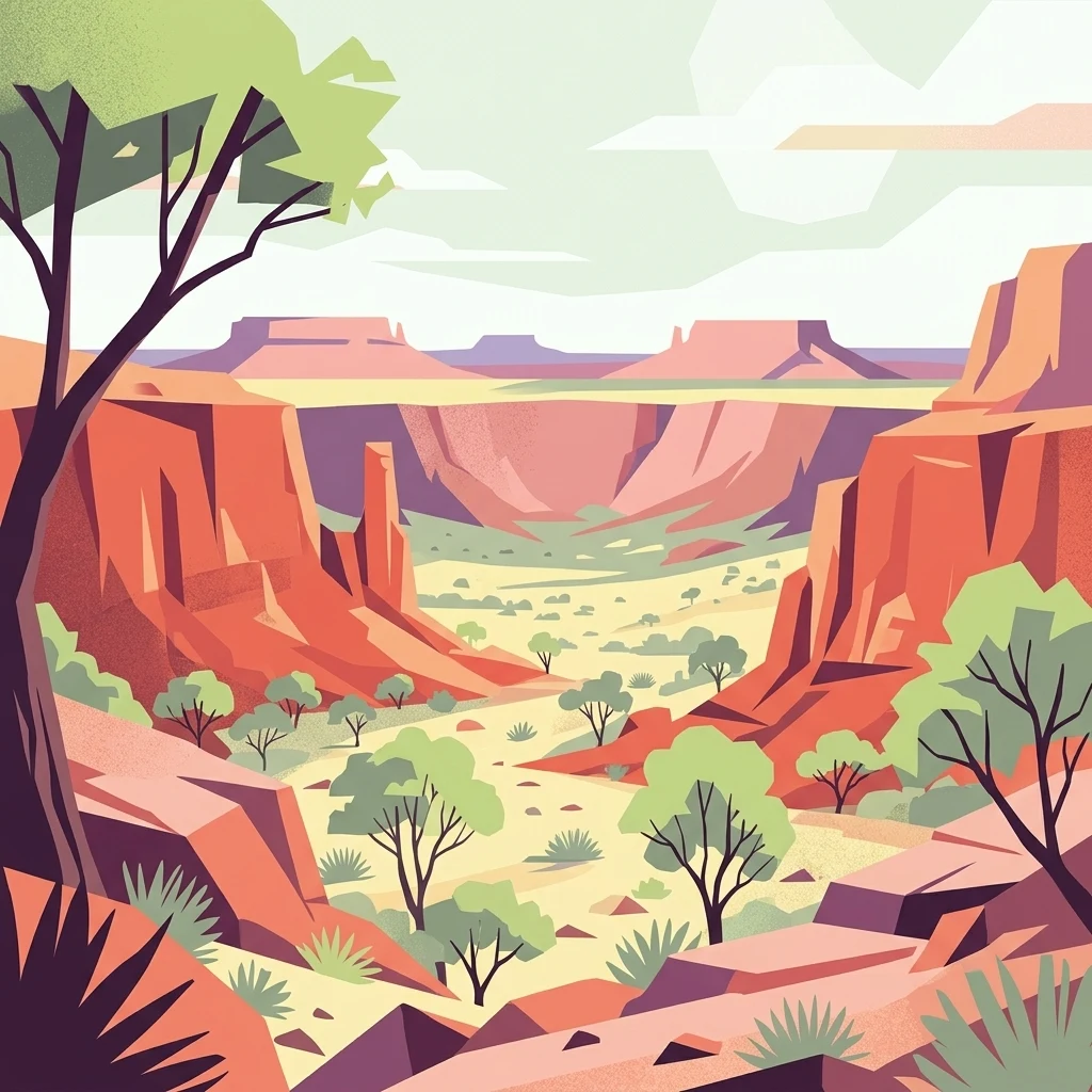 Una ilustración de diseño plano y estilizado de un paisaje desértico con mesas de roca roja, un valle seco con árboles verdes dispersos y un terreno rocoso en primer plano bajo un cielo suave.