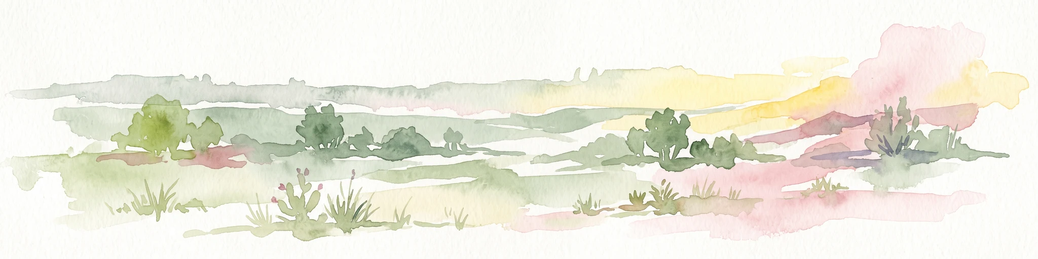 A pale, minimalist watercolor painting of an arid, desert-like landscape with sparse green shrubs and grasses against a soft pastel background.