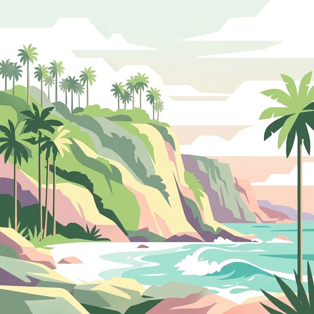 A stylized vector illustration of a tropical coral atoll coastline featuring steep cliffs, lush palm trees, and turquoise ocean waves.