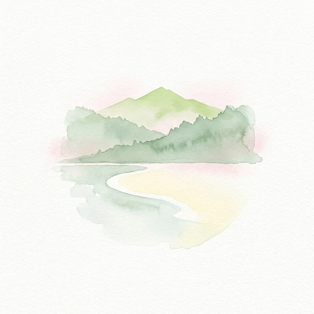 Watercolor illustration depicting mountains and a body of water