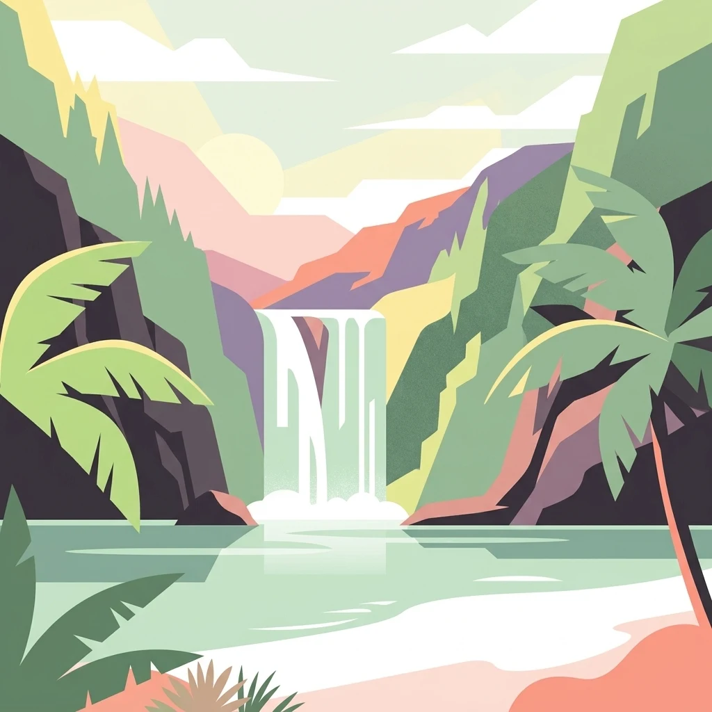 Illustration of a waterfall with mountains, palm trees, and a lake