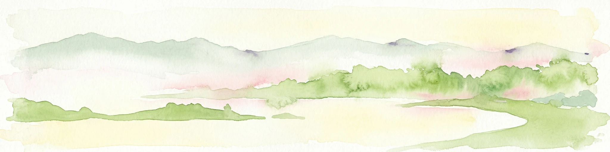 Watercolor painting depicting mountains, a lake, and green vegetation