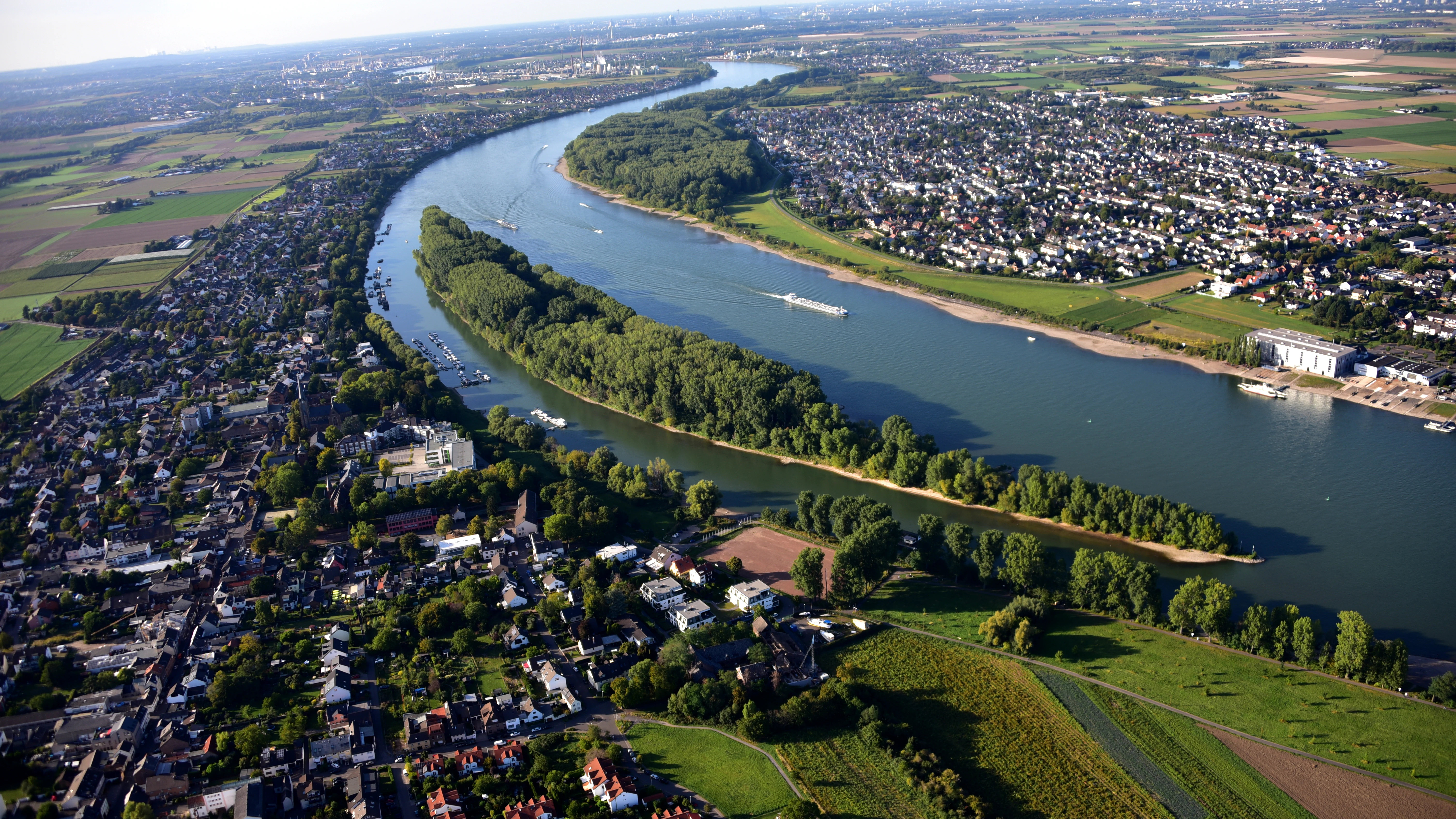 An aerial view of the elongated, forested Herseler Werth island situated in the Rhine river, flanked by towns on both banks.