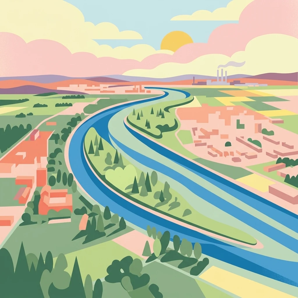 A flat-style digital illustration of a winding blue river separating land areas; the scene includes green forested patches, agricultural fields, distant buildings with smokestacks, and a sunset sky with soft, layered clouds.