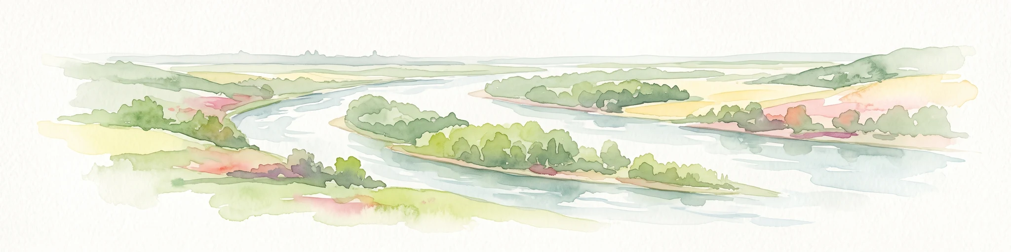 A soft watercolor painting showing a winding river with a lush green island in the middle, surrounded by soft-toned riverbanks and trees.