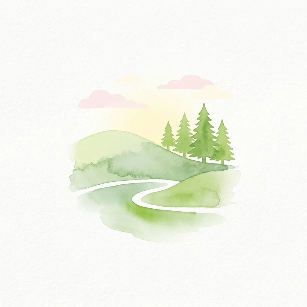 Ilustración en acuarela de una ladera verde con pinos y un sendero sinuoso bajo un cielo claro con nubes rosadas