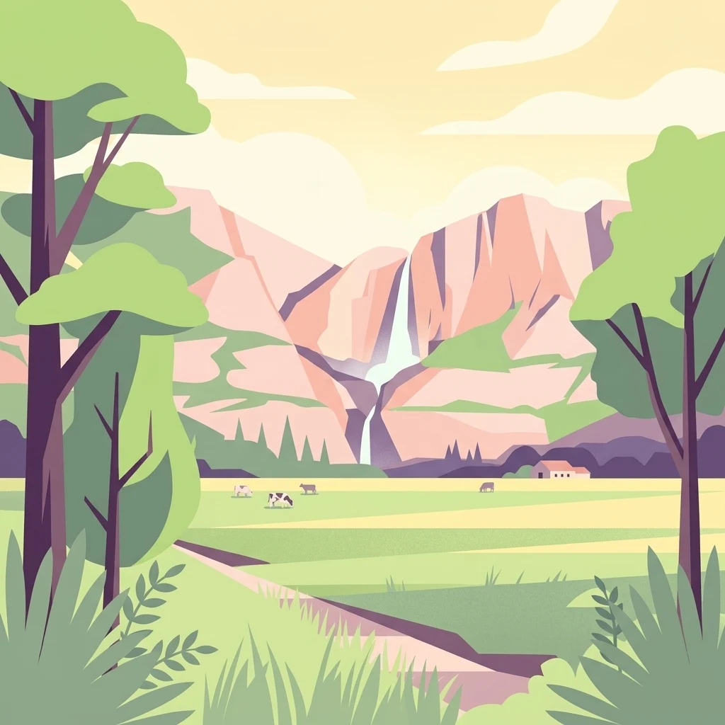 Una ilustración digital de estilo plano que representa un amplio valle de montaña con una cascada central, prados verdes, ganado pastando y árboles enmarcando el primer plano.