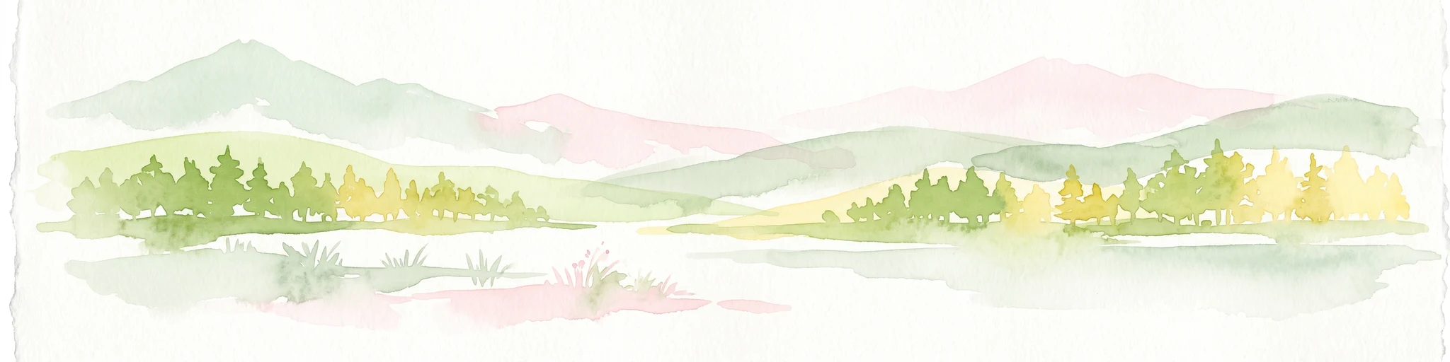A watercolor painting showing soft, light green and pink rolling hills with stylized trees against a white background.