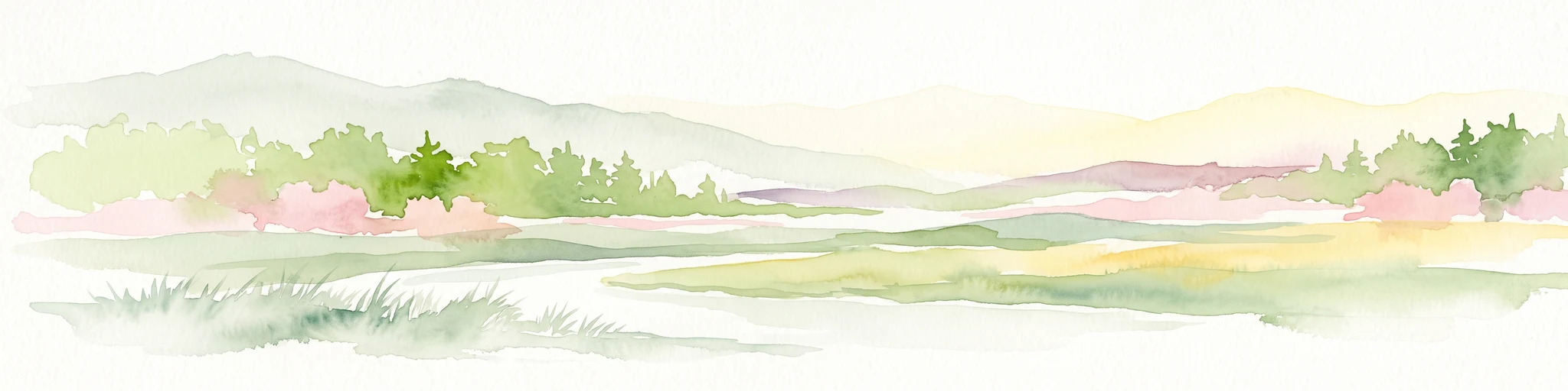 Watercolor painting of a green wetland area with a stream, soft hills in the background, and sparse trees.