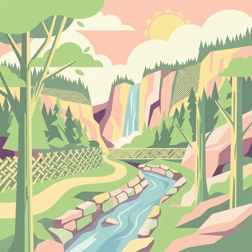 An illustration of a nature scene featuring a flowing stream, a stone-lined path, trees, and a waterfall in the background under a soft sun.