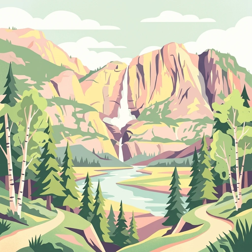 Una ilustración digital de estilo plano que muestra una cascada escalonada que cae por montañas empinadas y estilizadas, con un río que fluye a través de un valle rodeado de pinos y abedules y senderos de tierra en primer plano.