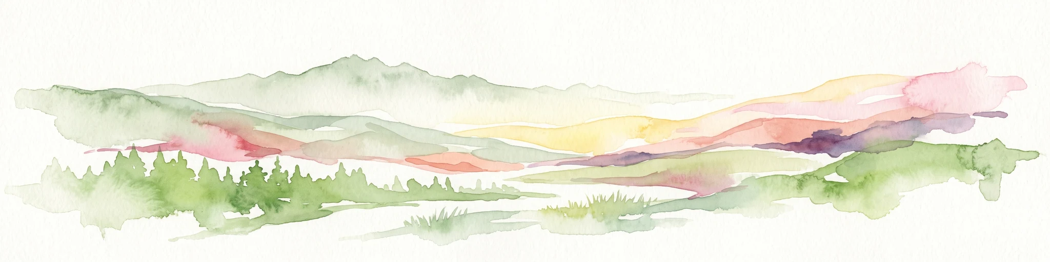 A watercolor painting of a rolling, soft-toned landscape with a foreground of green forest and layers of hills receding into the distance.