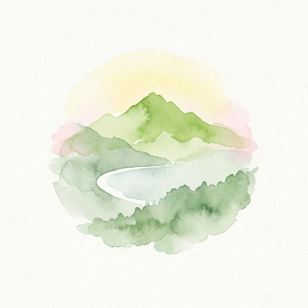Watercolor illustration of green mountains, a winding lake, and a sky with yellow and pink hues