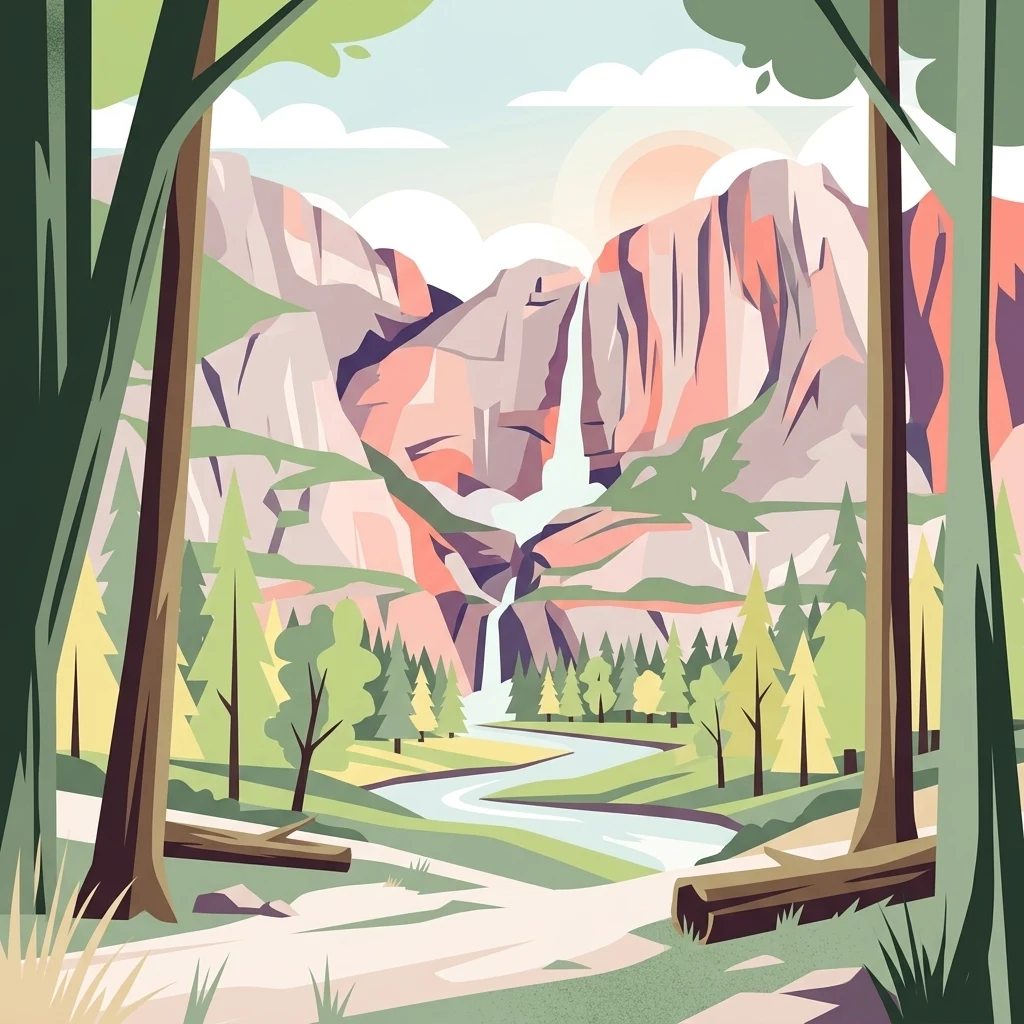 A stylized digital illustration of a valley between rocky mountains with a waterfall flowing into a river, framed by trees in the foreground.