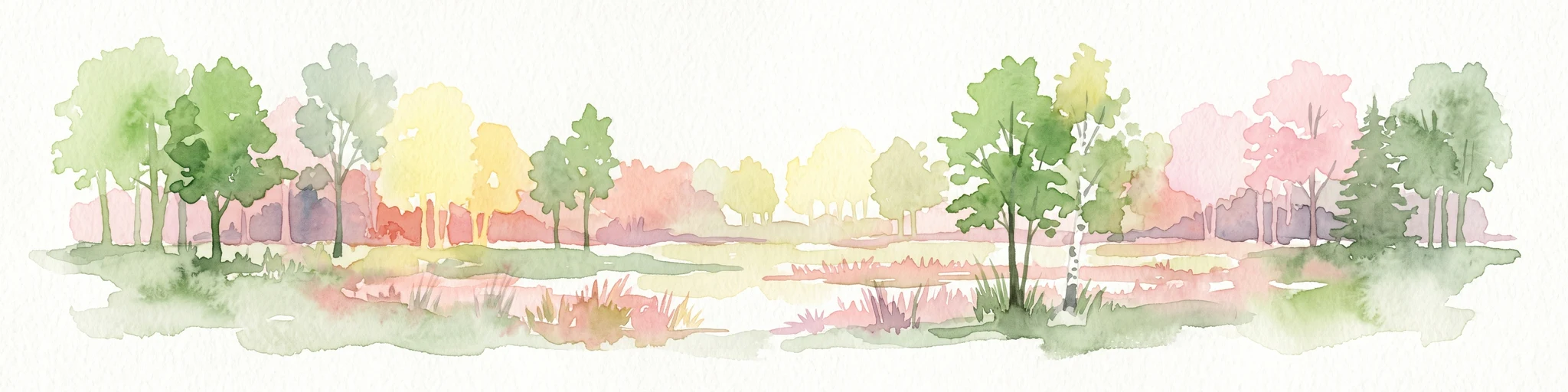 A horizontal watercolor illustration showing a landscape with sparse trees, grasses, and soft pastel colors representing a heathland habitat.