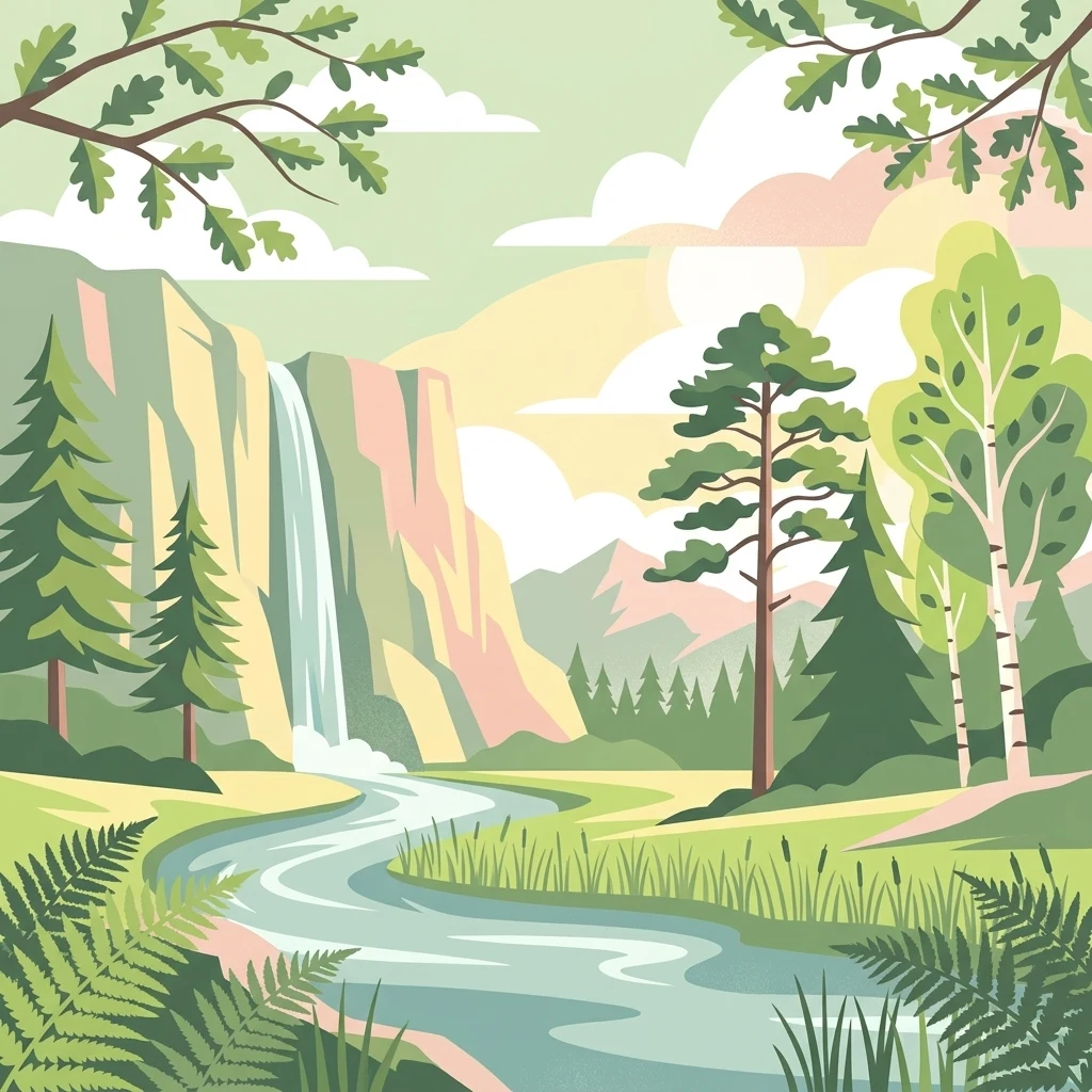 A digital illustration showing a river winding through a grassy forest with pine and birch trees, leading to a waterfall cascading down a cliff face under a pastel sky.