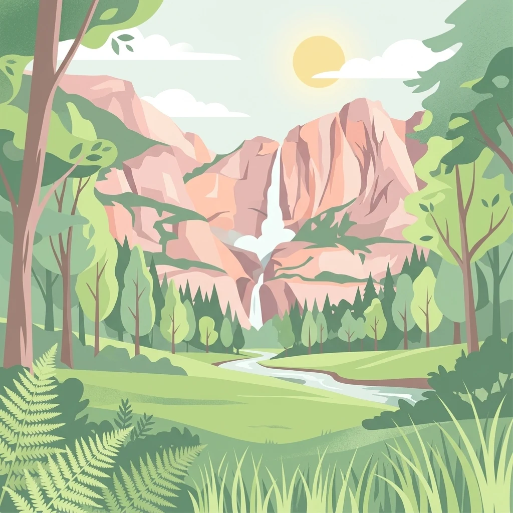 A flat-style digital illustration showing a lush green valley with a river in the foreground, leading to a waterfall between two steep, rocky mountain cliffs under a bright sun.
