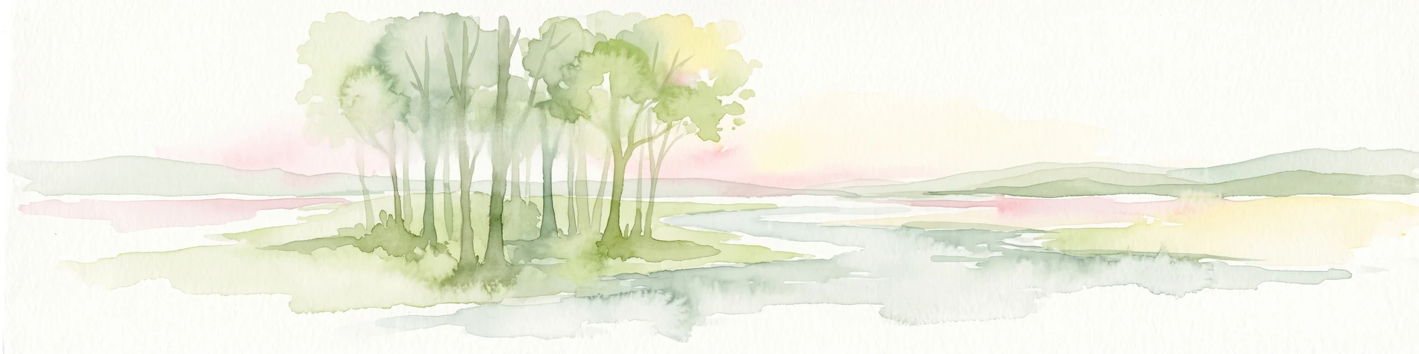 A soft watercolor painting of a small grove of trees standing near a body of water, featuring pale green and yellow tones.