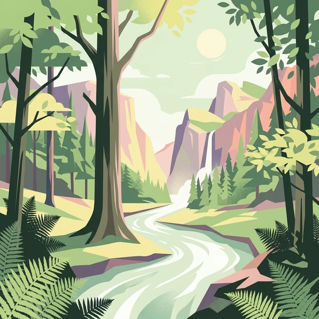 A flat-style digital illustration of a valley featuring a winding river in the center, a distant waterfall, surrounding pine trees, and ferns in the foreground.