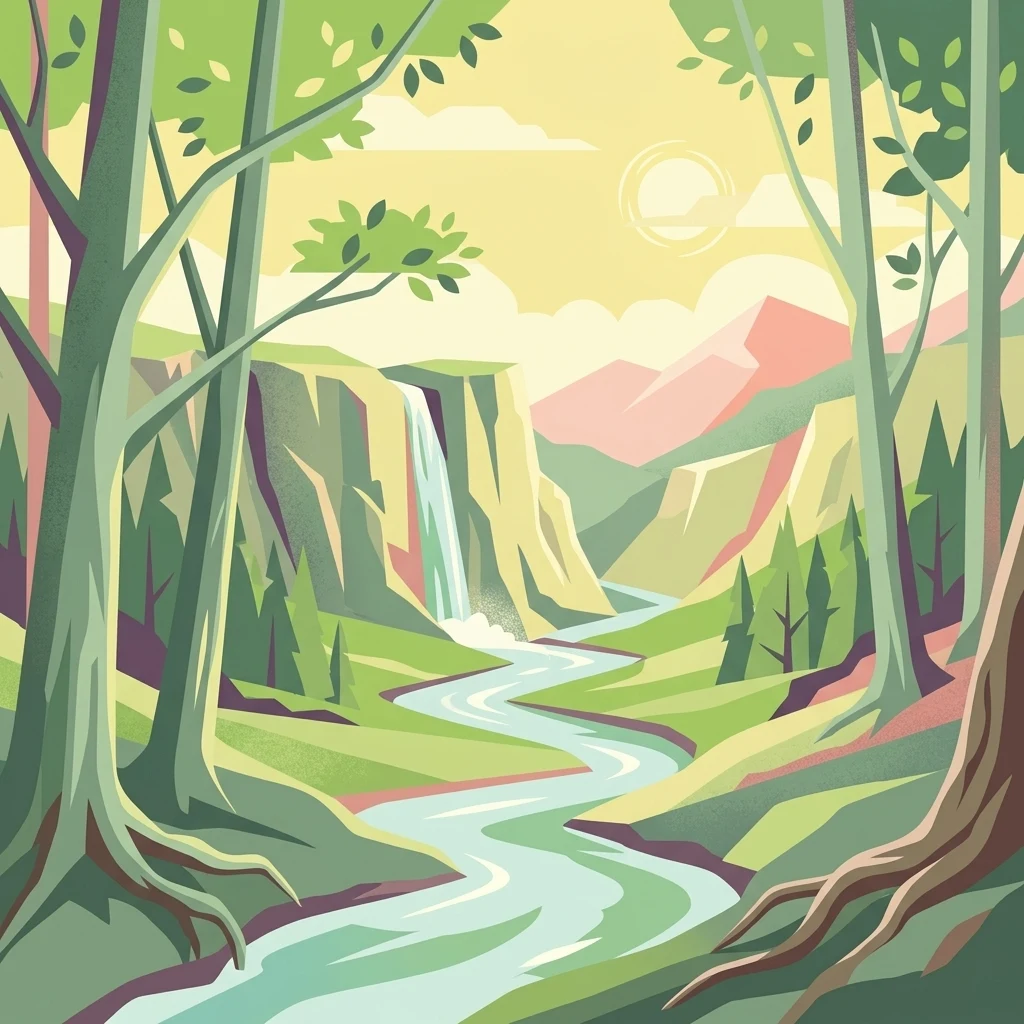 Una ilustración gráfica que muestra un río serpenteante que fluye a través de un valle forestal verde hacia una cascada y montañas lejanas al atardecer.