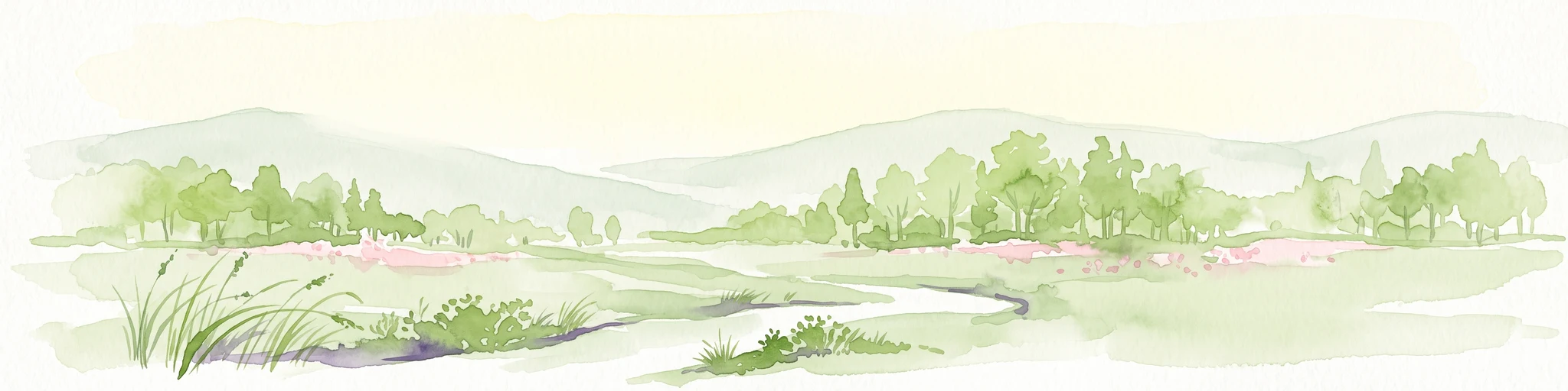 Watercolor painting of a meandering stream flowing through a green meadow, with trees in the background.