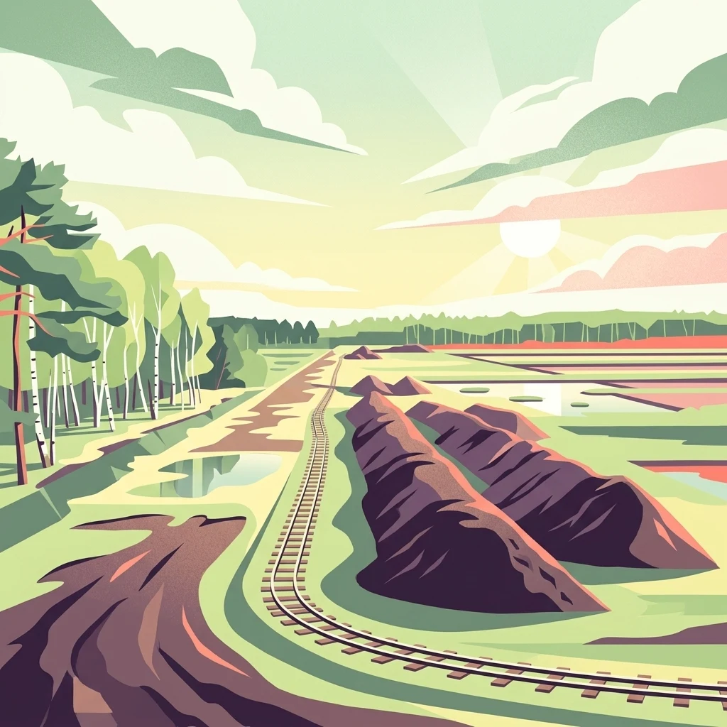 A stylized digital illustration of a peat bog landscape featuring a narrow-gauge railway curving through piles of harvested peat, with a forest on the left and a horizon at sunset.