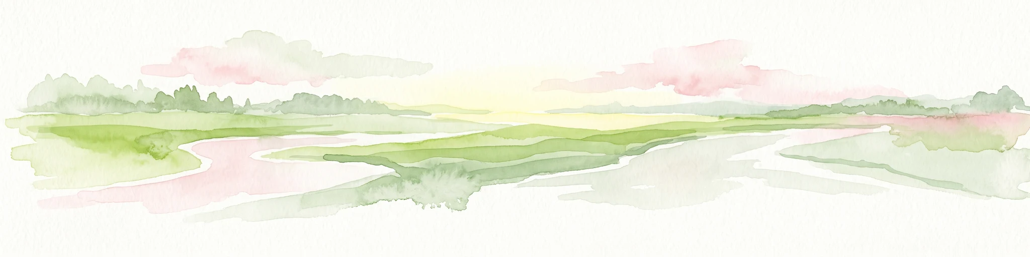 Watercolor painting showing a wide, panoramic view of a marshy landscape with green fields, winding water channels, and faint pink clouds in the sky.