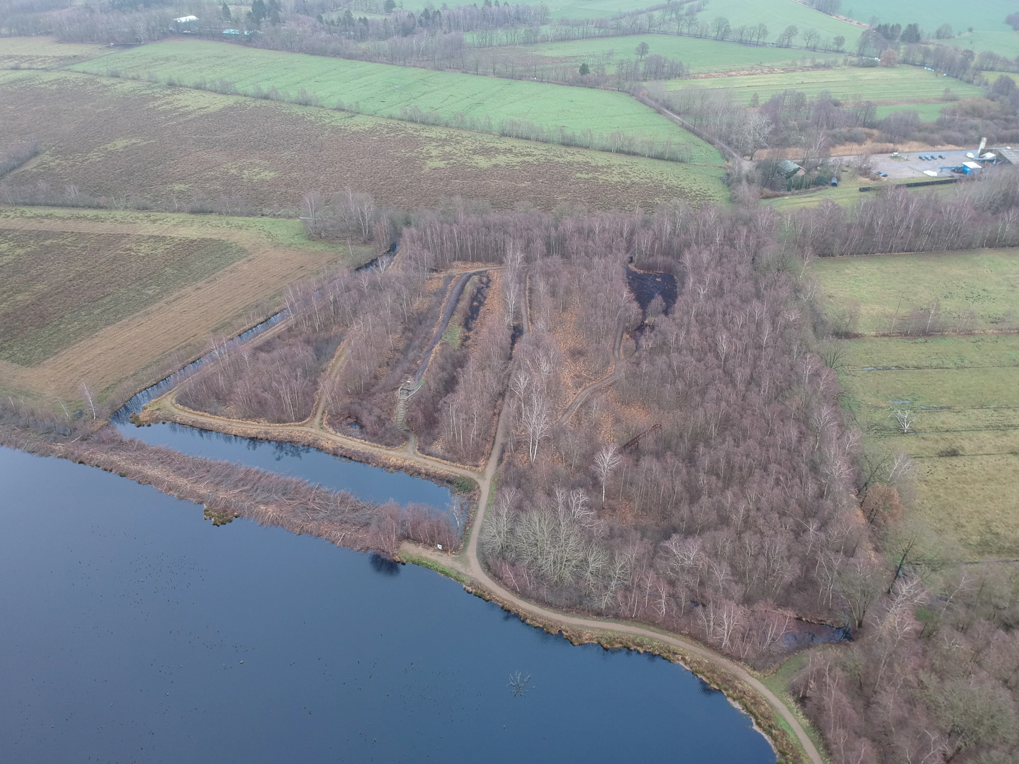 Aerial view showing a winding dirt path and observation structure nestled within a dense forest area bordering a dark lake at Himmelmoor.