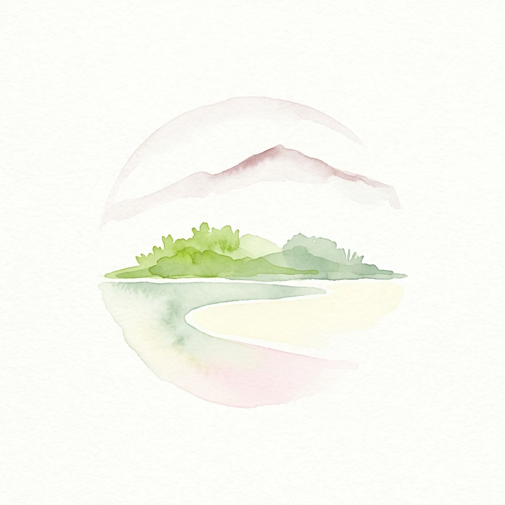 Ilustración de acuarela de montañas, una masa de agua y vegetación verde