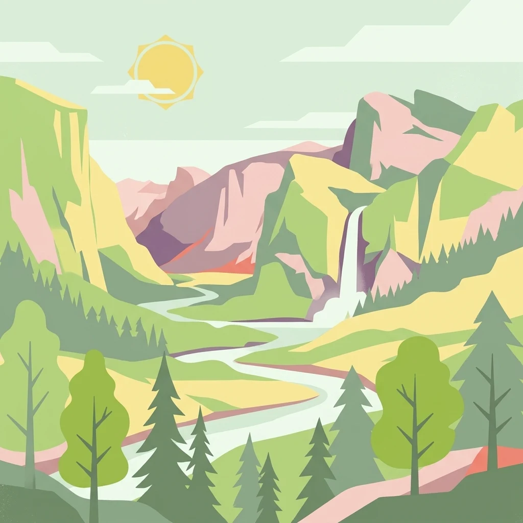 A minimalist flat illustration of a mountain valley with a river flowing through it, a waterfall in the distance, and evergreen trees in the foreground, all under a bright sun.
