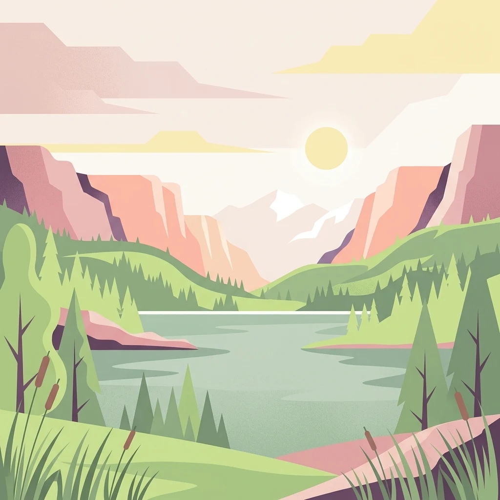 A minimalist flat vector illustration showing a tranquil lake nestled between rolling green hills and tall rocky cliffs under a soft sun, with pine trees in the foreground and distance.
