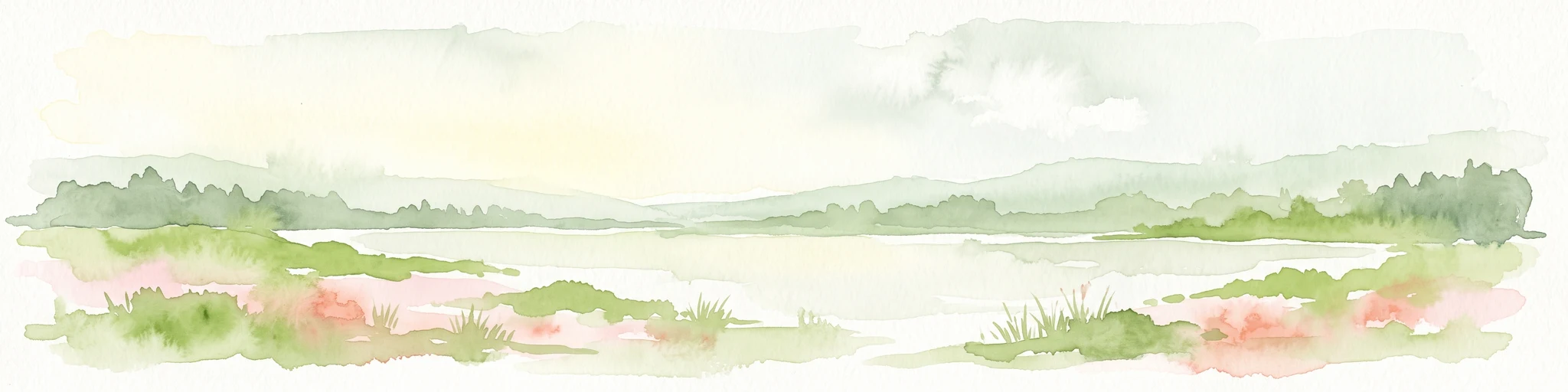A horizontal watercolor painting depicting a soft, impressionistic landscape of a still lake surrounded by low, rolling hills, grassy banks, and scattered greenery.