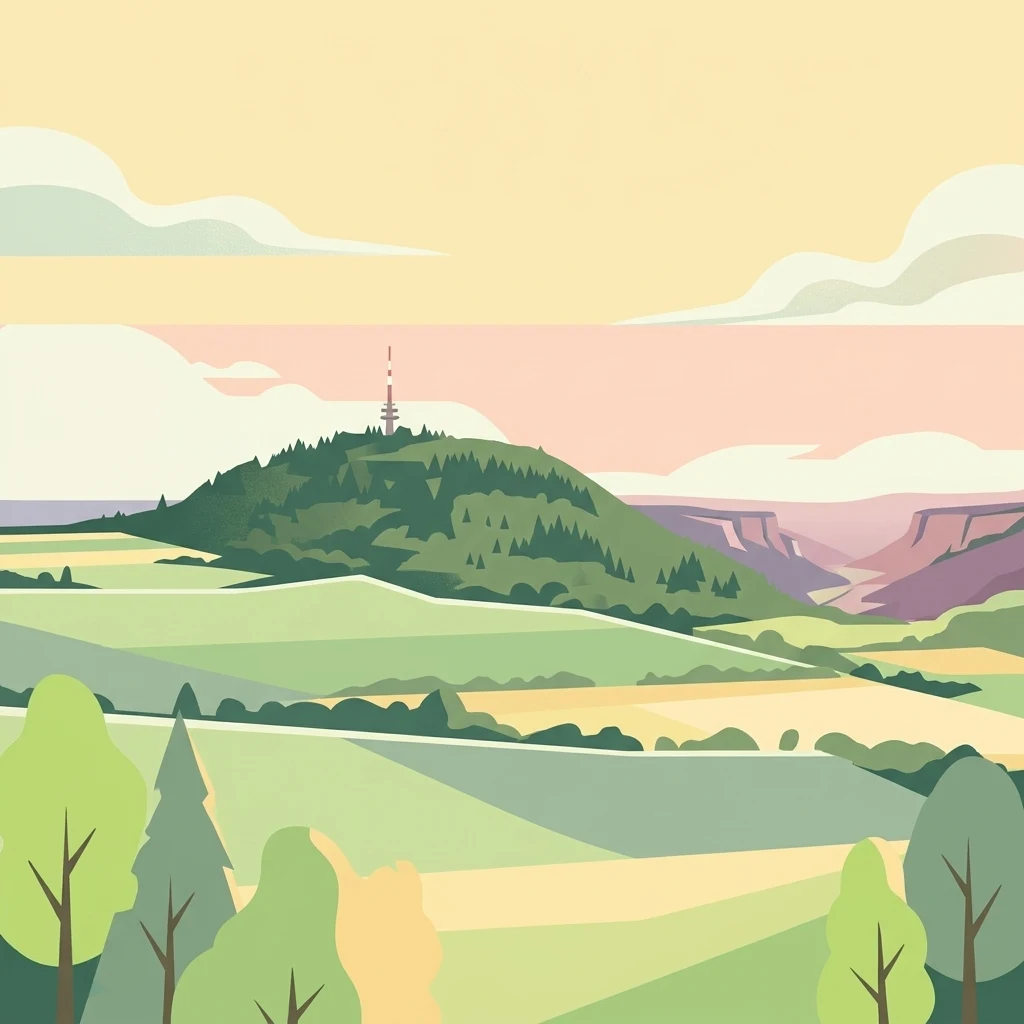 A stylized illustration of a green, rounded volcanic hill under a pale sky, with a tall observation tower on the summit and soft, rolling fields in the foreground.