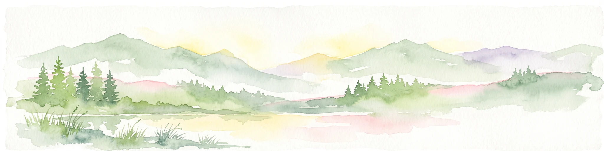 A horizontal watercolor painting showing a soft, stylized landscape of green rolling hills and volcanic peaks behind a line of pine trees and a calm body of water in the foreground.