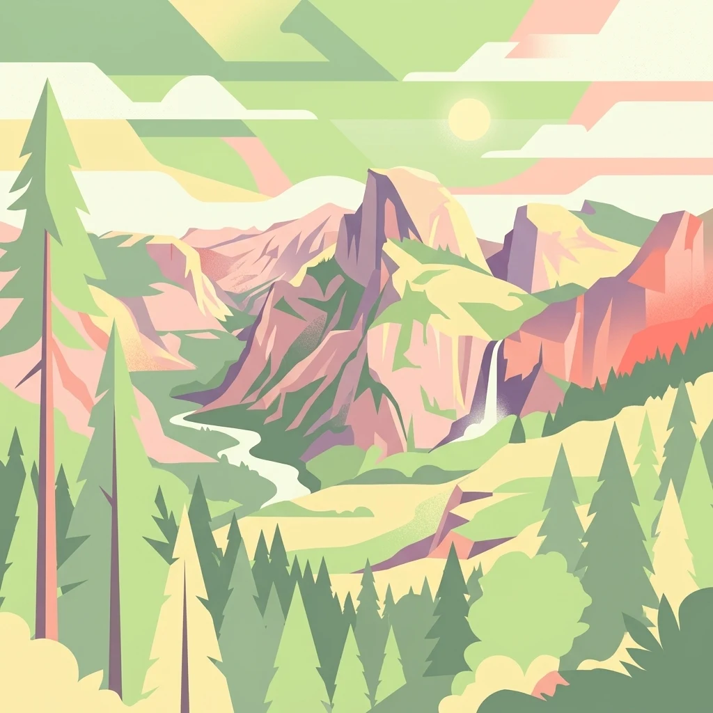 A colorful digital illustration of a mountainous valley with pine trees, a winding river, and a waterfall.