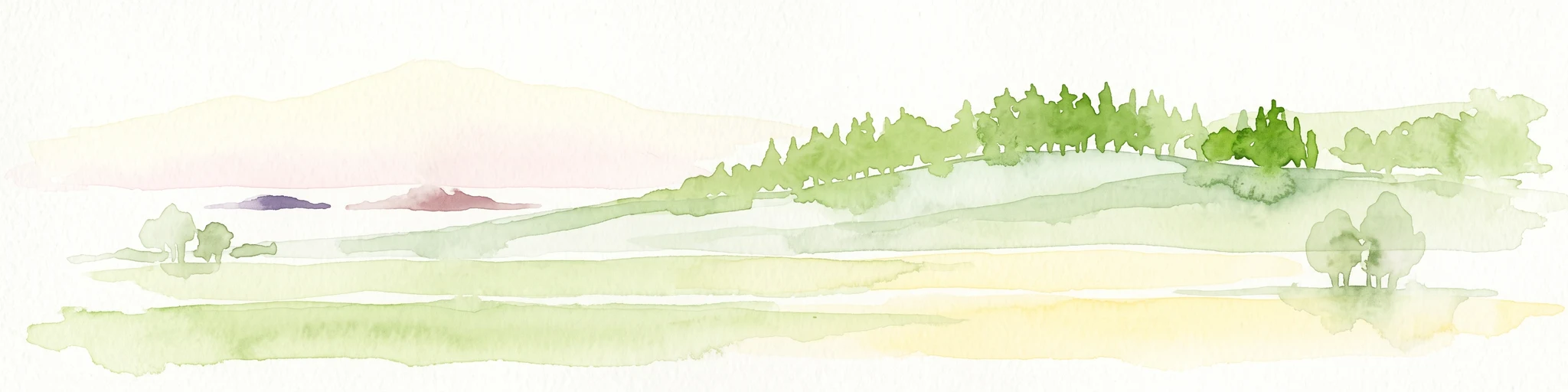 A soft watercolor painting of a green, rolling hillside with trees, set against a pale, light-filled background.