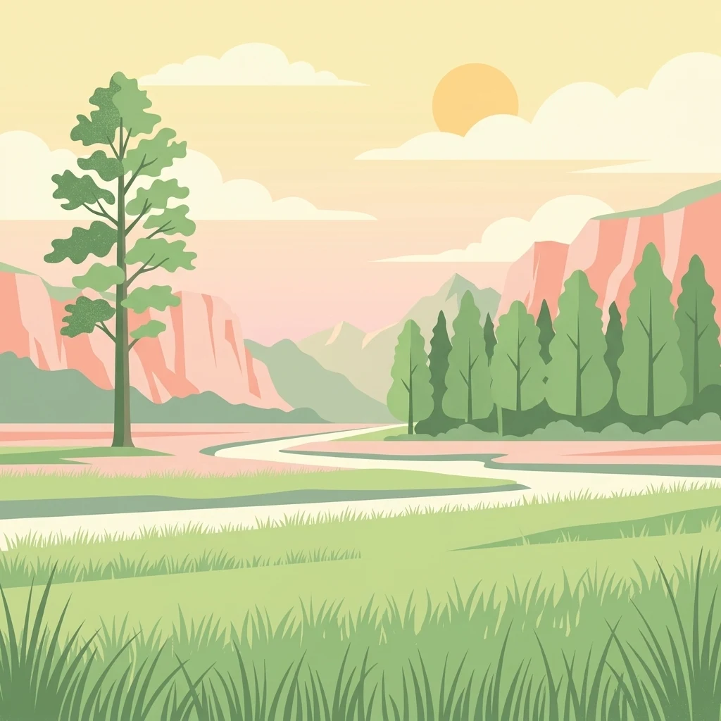 Digital vector-style illustration of a green meadow with a winding river leading toward distant mountains, set under a soft sunset sky with stylized clouds and trees.