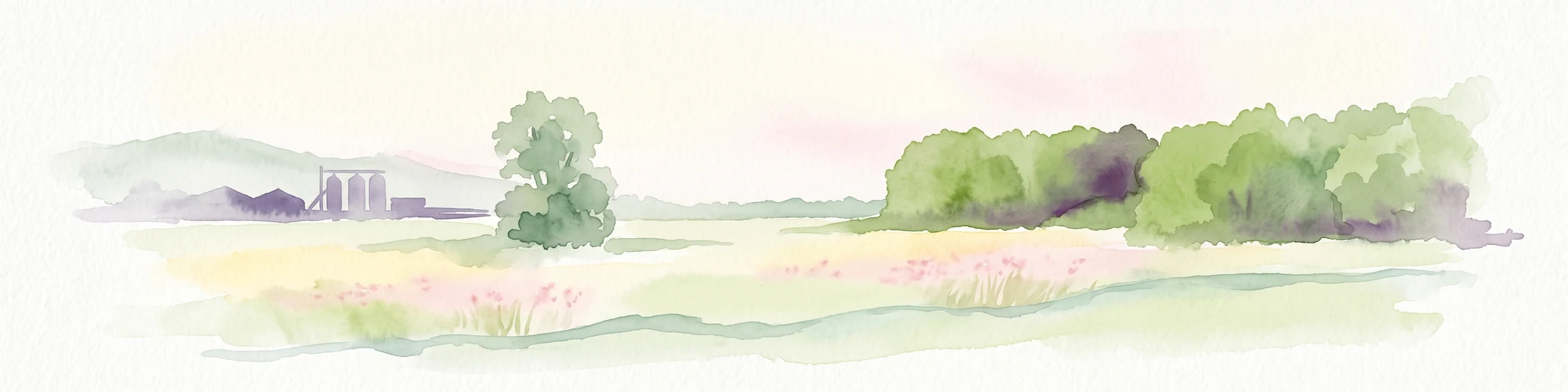 A watercolor painting showing a soft, panoramic view of a flat wetland area with green trees, a solitary tree in the middle, and industrial silos faintly visible in the background.