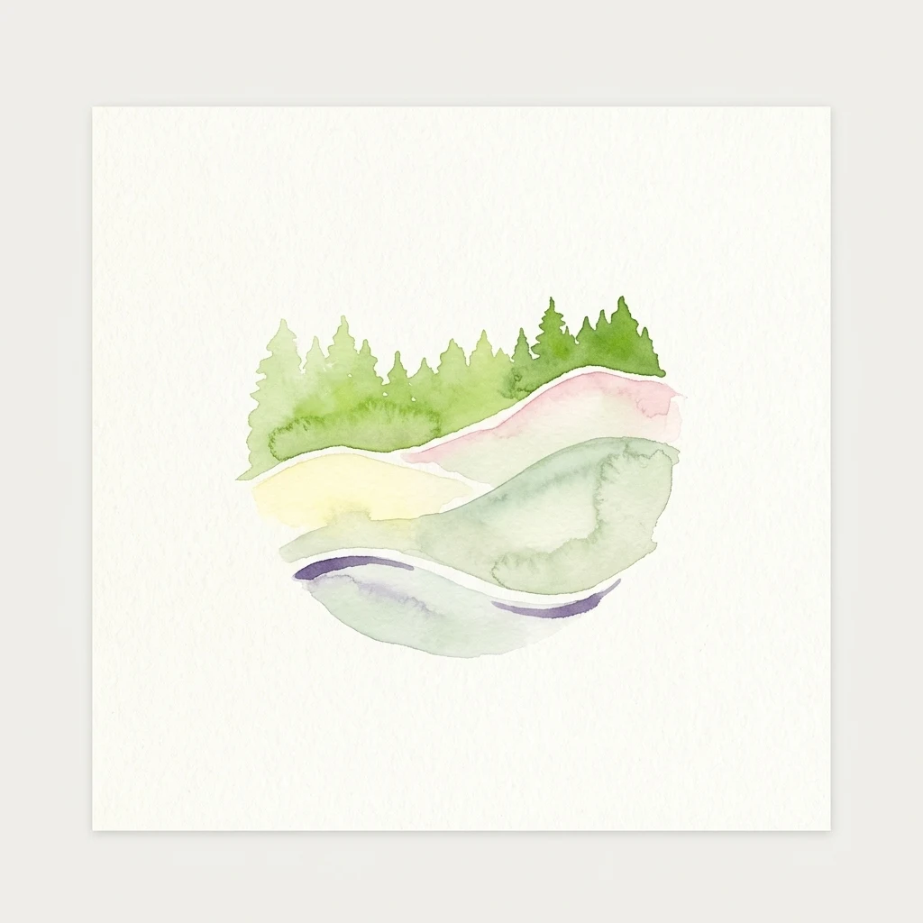 Watercolor illustration showing layered green, yellow, pink, and purple terrain with forested areas on a white background