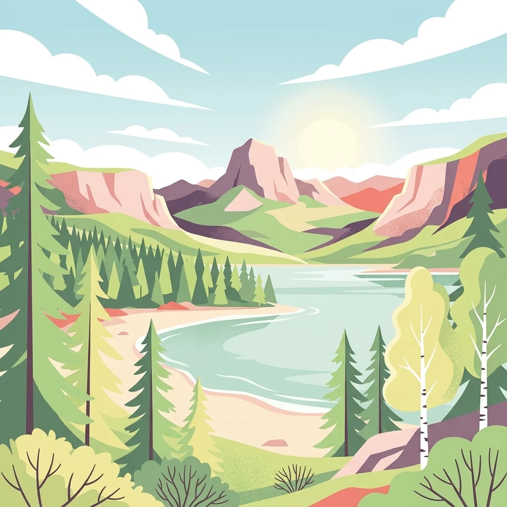 Ilustración estilizada de un paisaje montañoso con un lago, pinos y abedules bajo un cielo parcialmente nublado
