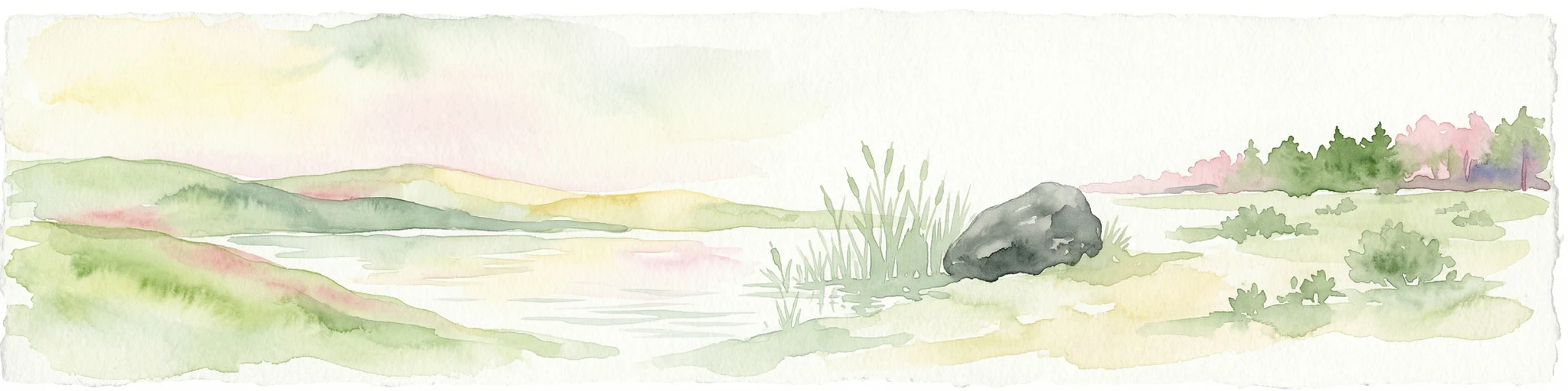 Watercolor painting showing hills, a body of water, grasses, and a large rock in a landscape scene