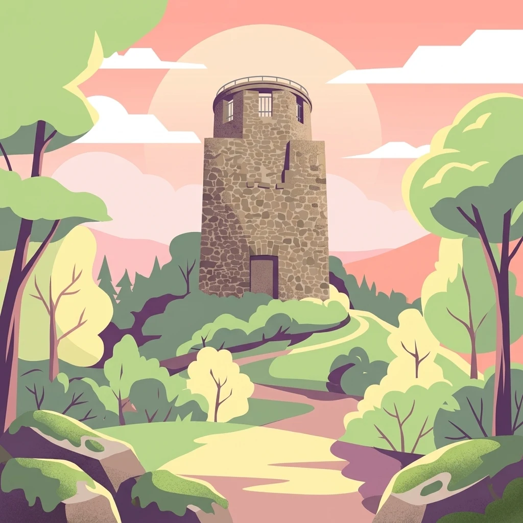 A stylized flat illustration of the stone Kaiser Wilhelm Tower standing on a forested mountain peak at sunset, approached by a winding dirt path.