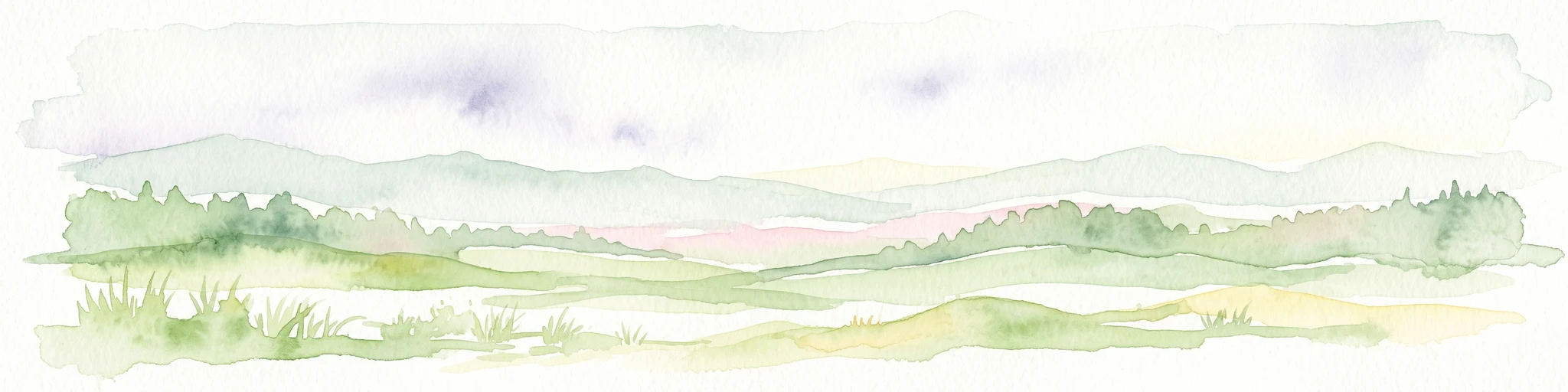 A pale watercolor painting showing soft green hills, distant mountain silhouettes, and light forest vegetation against a white background.